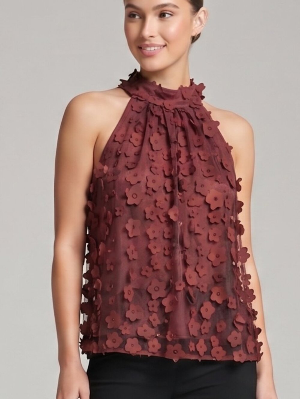 Anthropologie Eva Franco Maroon 3D Floral Applique Halter Top Size Small